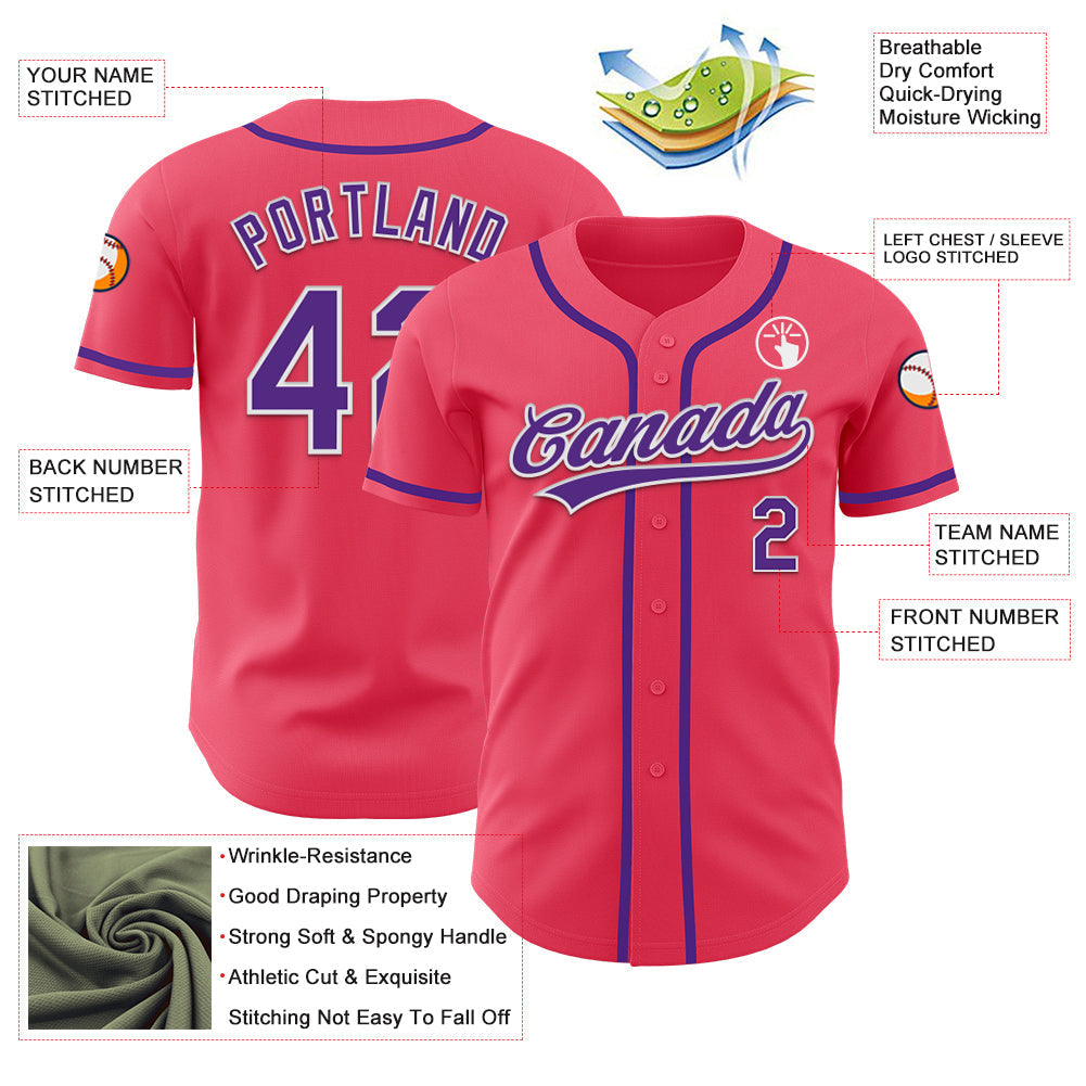 Custom Neon Pink Purple-White Authentic Baseball Jersey baseball jersey product view 3