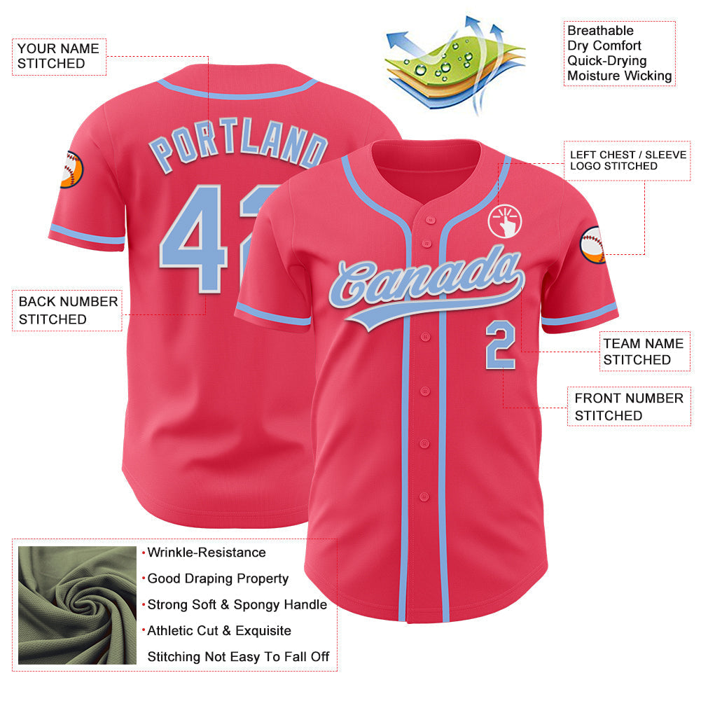Custom Neon Pink Light Blue-White Authentic Baseball Jersey baseball jersey product view 3
