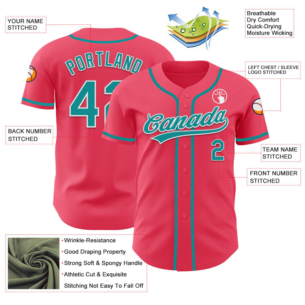 Custom Neon Pink Teal-White Authentic Baseball Jersey baseball jersey product view 3
