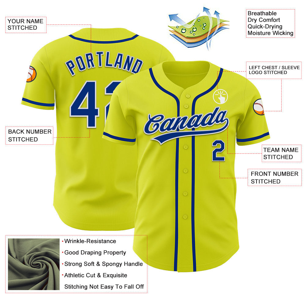 Custom Neon Yellow Royal-White Authentic Baseball Jersey baseball jersey product view 3