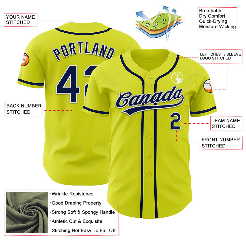 Custom Neon Yellow Navy-White Authentic Baseball Jersey baseball jersey product view 3