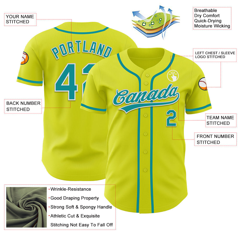 Custom Neon Yellow Teal-White Authentic Baseball Jersey baseball jersey product view 3