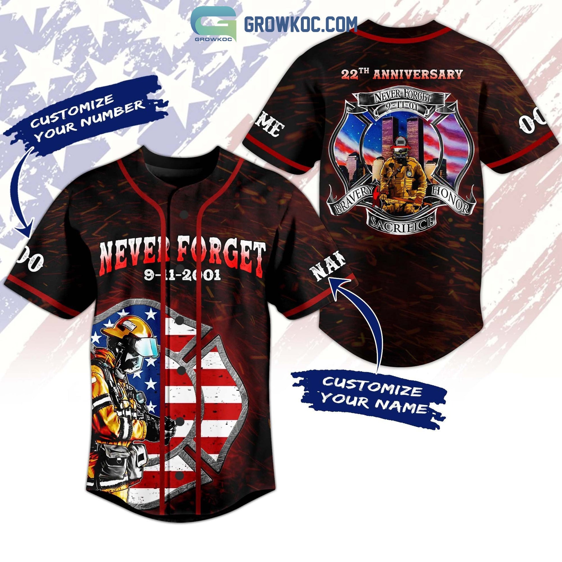 Never Forget 9 11 2001 22th Anniversary Bravery Honor Sacrifice Personalized Baseball Jersey baseball jersey product view 1