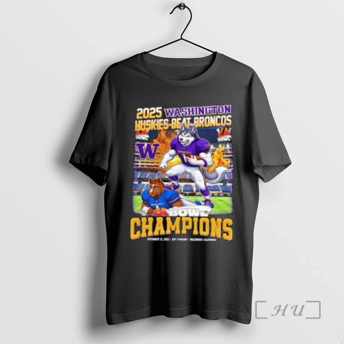 New Washington Huskies Beat Broncos 2025 La Bowl Champions Mascot Circle Black Premium T Shirts - T-Shirt, Sweatshirt, Hoodie