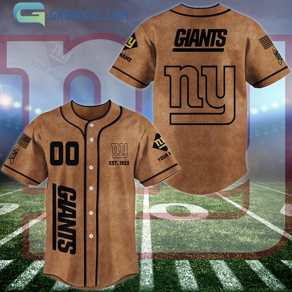 New York Giants Brown American Flag Personalized Baseball Jersey baseball jersey product view 1
