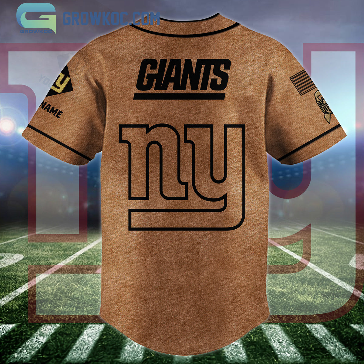 New York Giants Brown American Flag Personalized Baseball Jersey baseball jersey product view 2