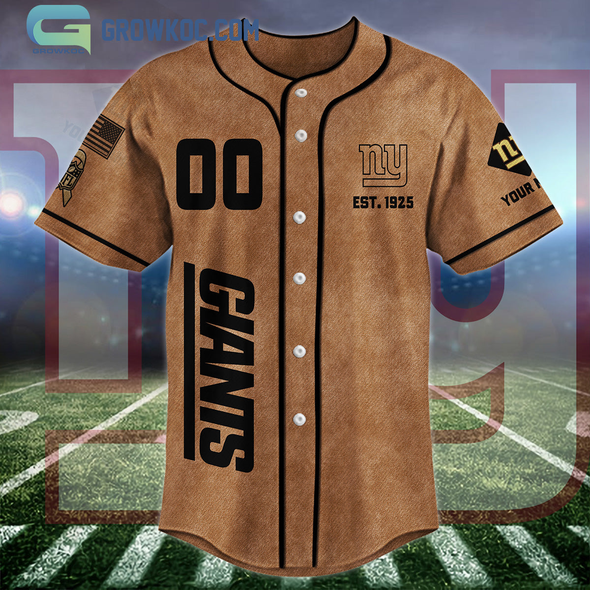 New York Giants Brown American Flag Personalized Baseball Jersey baseball jersey product view 3