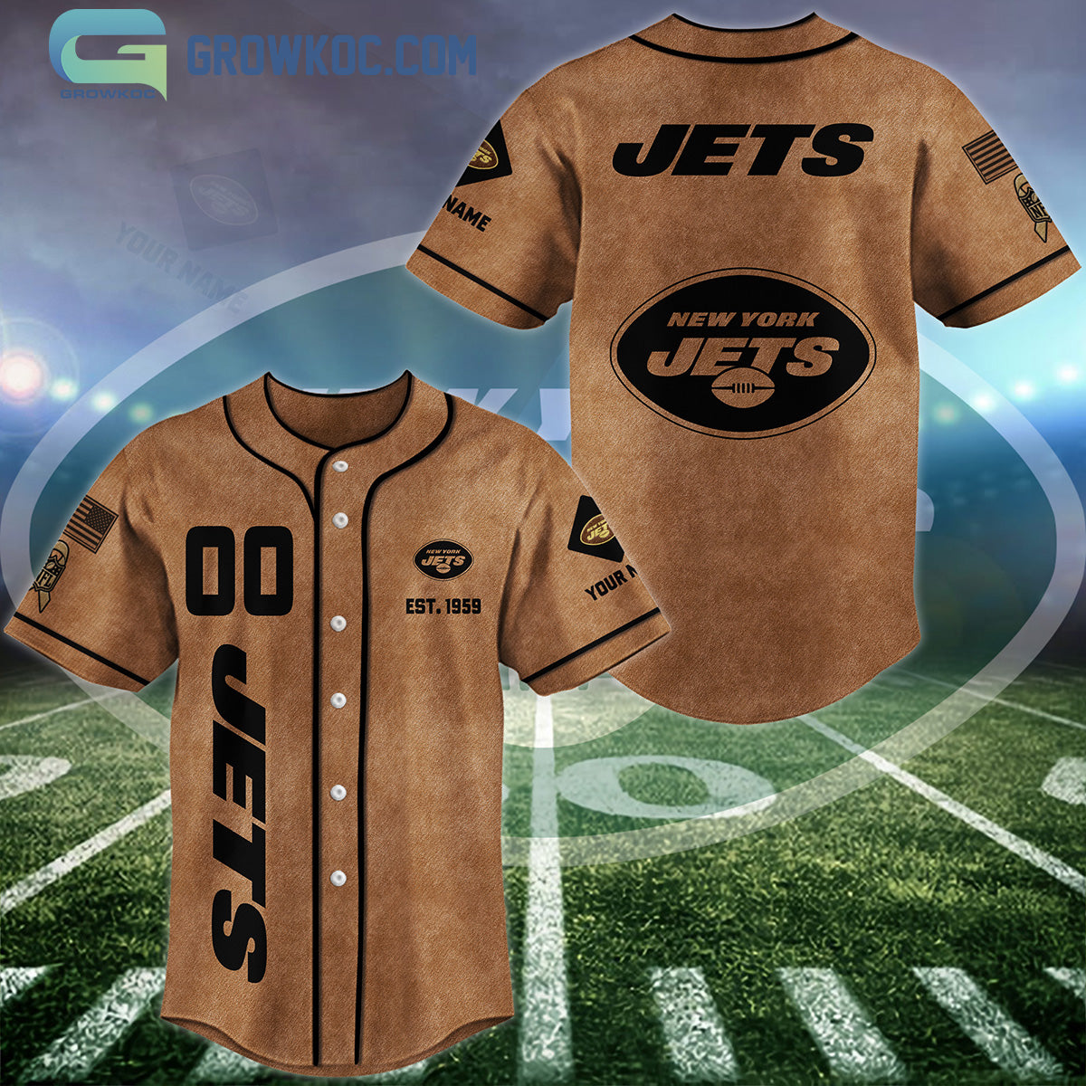 New York Jets Brown American Flag Personalized Baseball Jersey baseball jersey product view 1