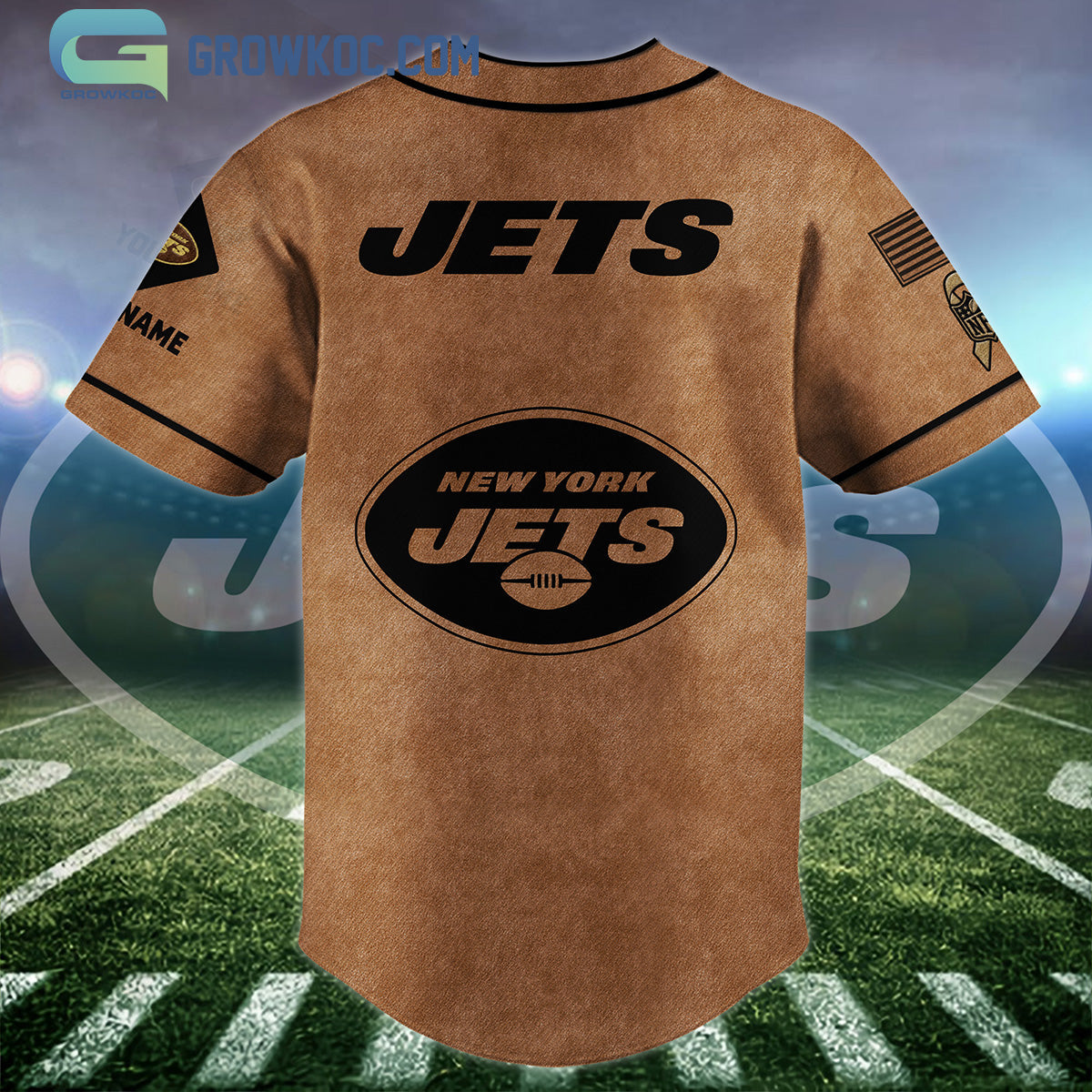 New York Jets Brown American Flag Personalized Baseball Jersey baseball jersey product view 2