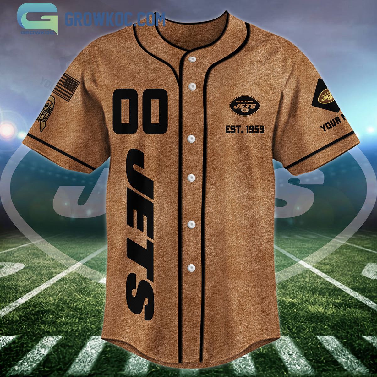 New York Jets Brown American Flag Personalized Baseball Jersey baseball jersey product view 3