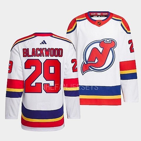 New Jersey Devils #29 mackenzie-blackwood-white-2022reverse-retro-2.0-authentic-primegreen-jersey hockey jersey product view 1