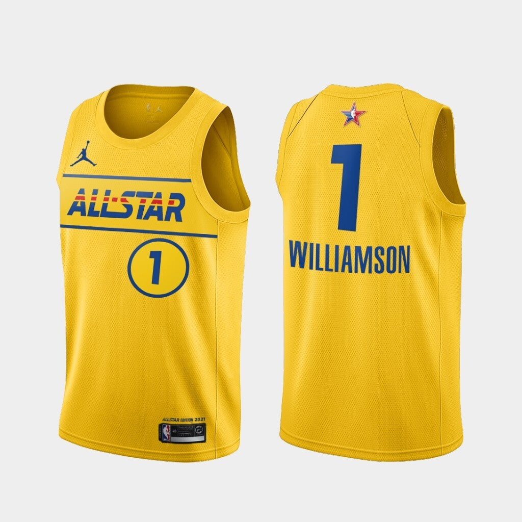 New Orleans Pelicans #1 Zion Williamson 2021-all-star-western-conference-gold-pelicans-jersey basketball jersey product view 1
