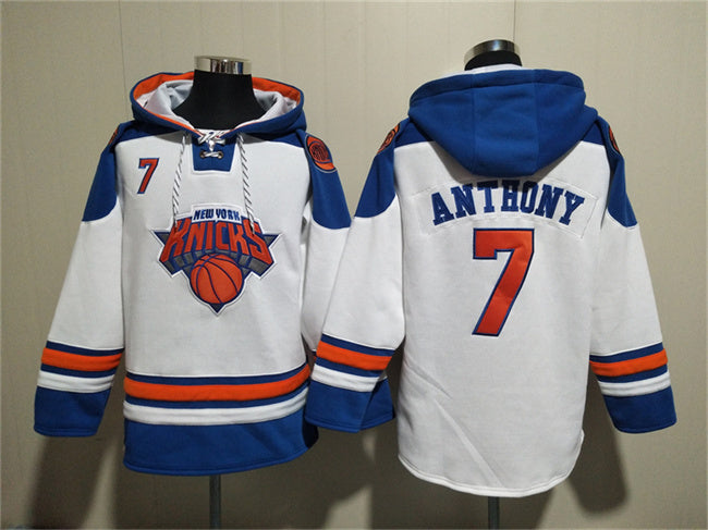 New Yok Knicks #7 Carmelo Anthony White Lace-Up Pullover Hoodie Basketball Jersey basketball jersey product view 1