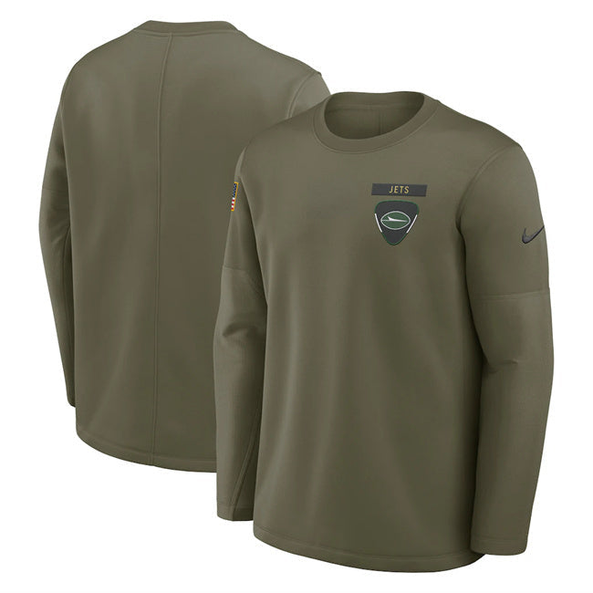 New York Jets Olive 2025 Salute to Service Sideline Coaches Therma-FIT Long Football Jersey football jersey product view 1