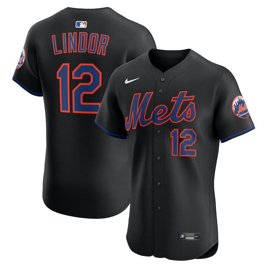 New York Mets #12 Francisco Lindor Alternate Elite Jersey - Black Baseball Jersey baseball jersey product view 1