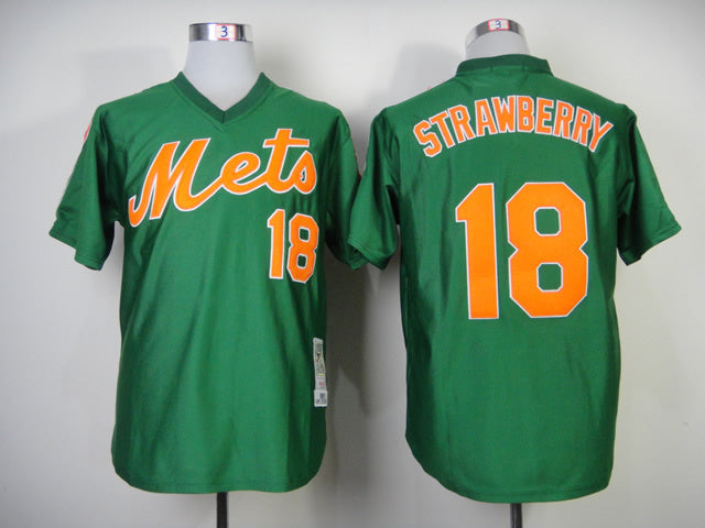 New York Mets #18 Darryl Strawberry Mets 18 Green 1985 Retro Baseball Jersey baseball jersey product view 1