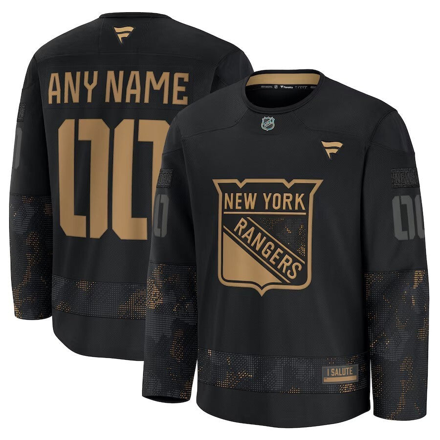 New York Rangers 2024 Military Appreciation Personalized Long Sleeve Practice Jersey - Black hockey jersey product view 1