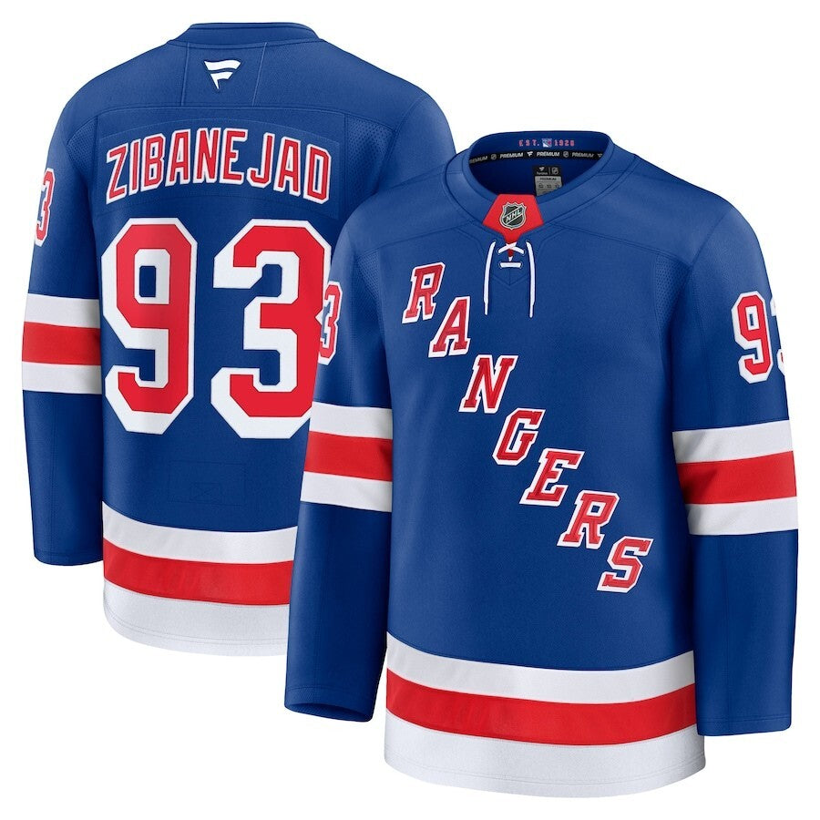 New York Rangers #93 Mika Zibanejad Home Premium Jersey - Blue Hockey Jersey hockey jersey product view 1