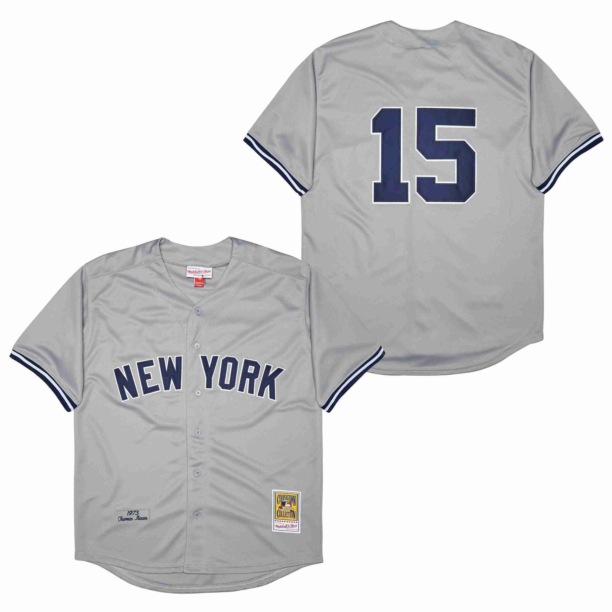 New York Yankees #15 Thurman Munson Yankees 15 Gray 1973 Retro Baseball Jersey baseball jersey product view 1