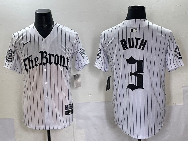 New York Yankees #3 Babe Ruth Yankees White 5 Collaboration Style 2 Baseball Jersey baseball jersey product view 1