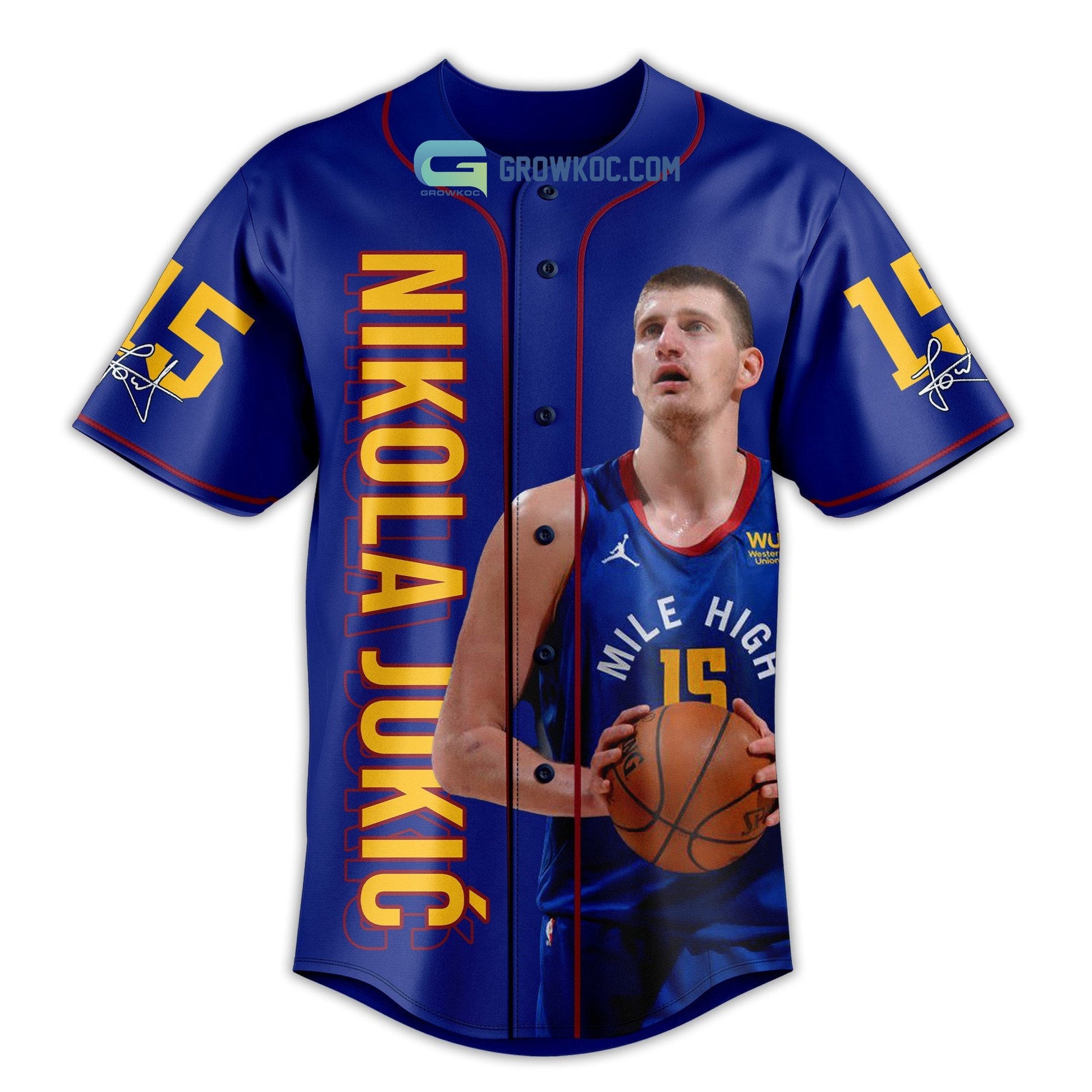 Nikola Jokic 15 NBA Finals MVP Season 2023 Blue Design Baseball Jersey baseball jersey product view 2