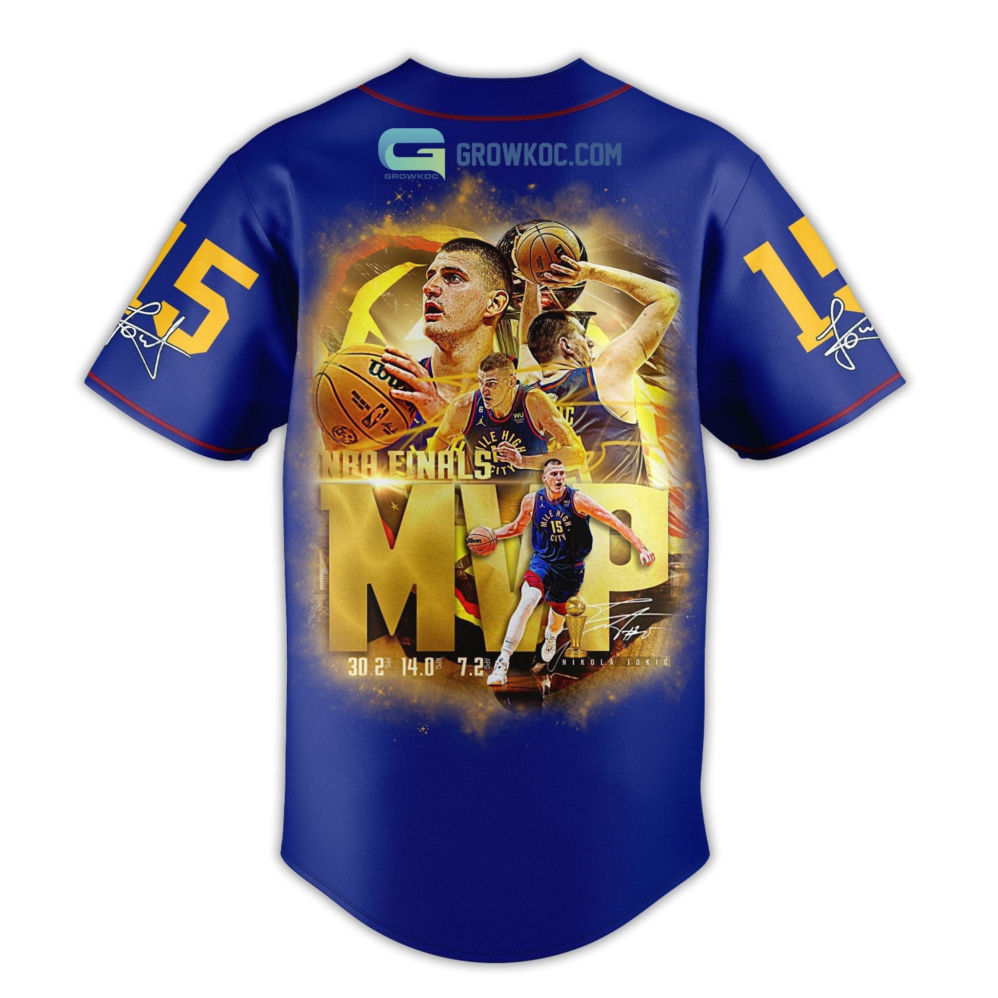 Nikola Jokic 15 NBA Finals MVP Season 2023 Blue Design Baseball Jersey baseball jersey product view 3