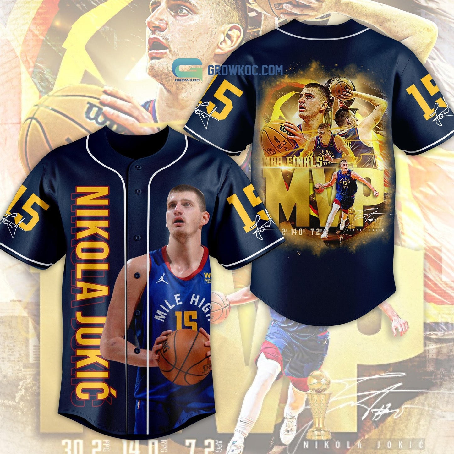 Nikola Jokic 15 NBA Finals MVP Season 2023 Navy Design Baseball Jersey baseball jersey product view 1