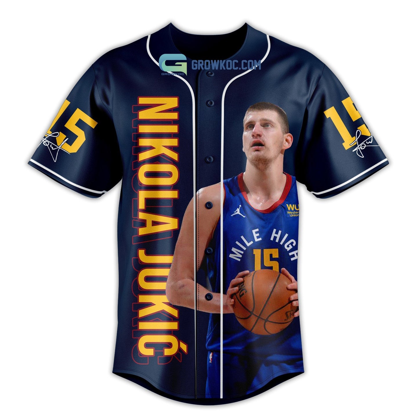 Nikola Jokic 15 NBA Finals MVP Season 2023 Navy Design Baseball Jersey baseball jersey product view 2