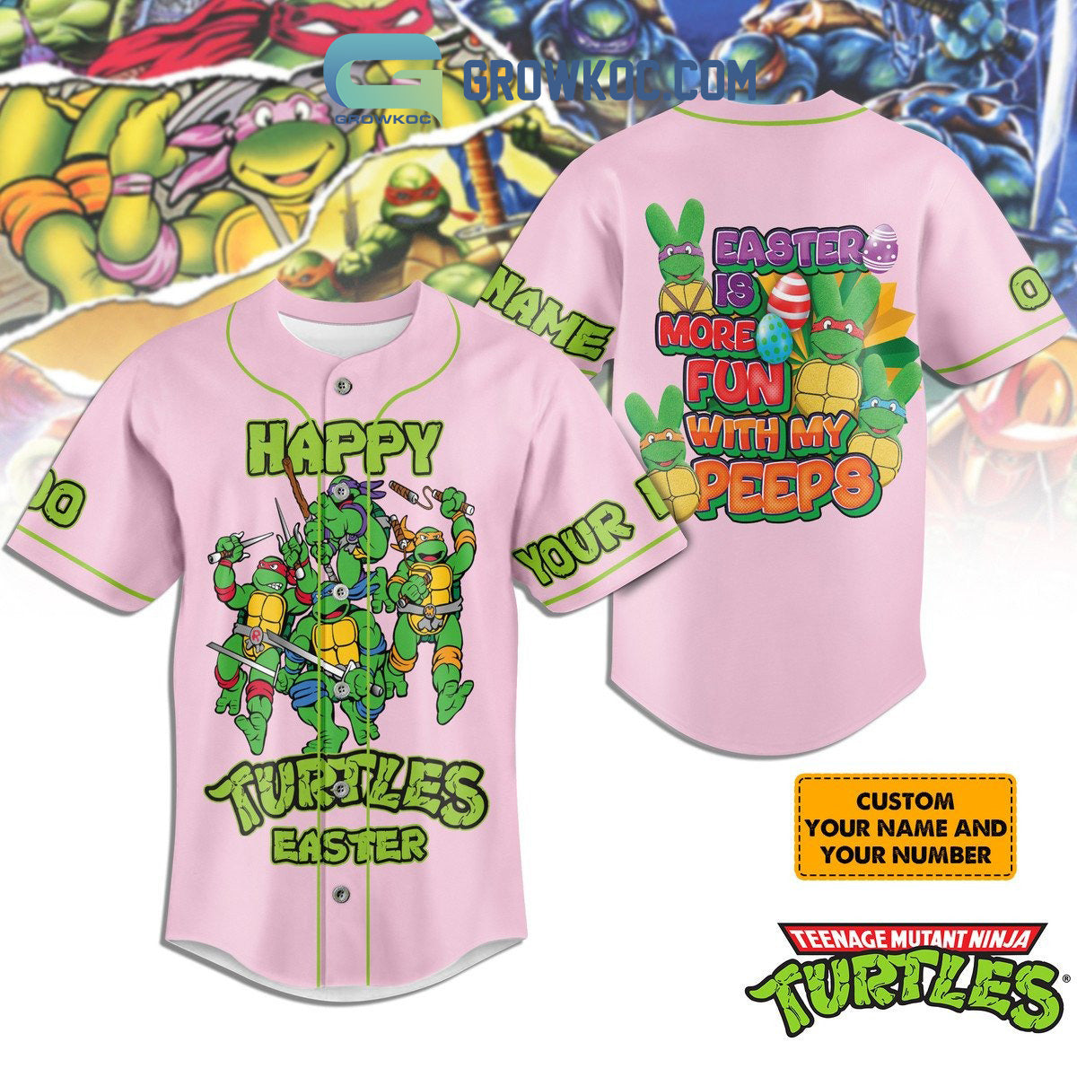 Ninja Turtles Easter Is More Fun With My Peeps Pink Personalized Baseball Jersey baseball jersey product view 1