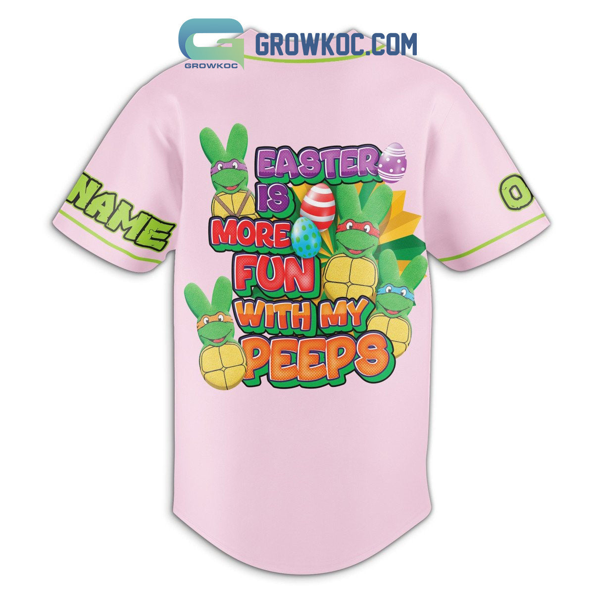 Ninja Turtles Easter Is More Fun With My Peeps Pink Personalized Baseball Jersey baseball jersey product view 3