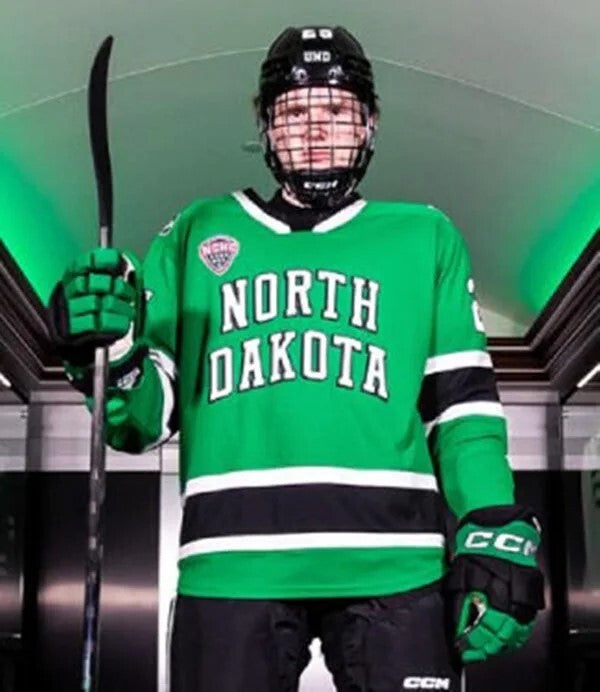 North Dakota Fighting Hawks Custom Away Green 2025 North Dakota College Hockey Game Jersey hockey jersey product view 1