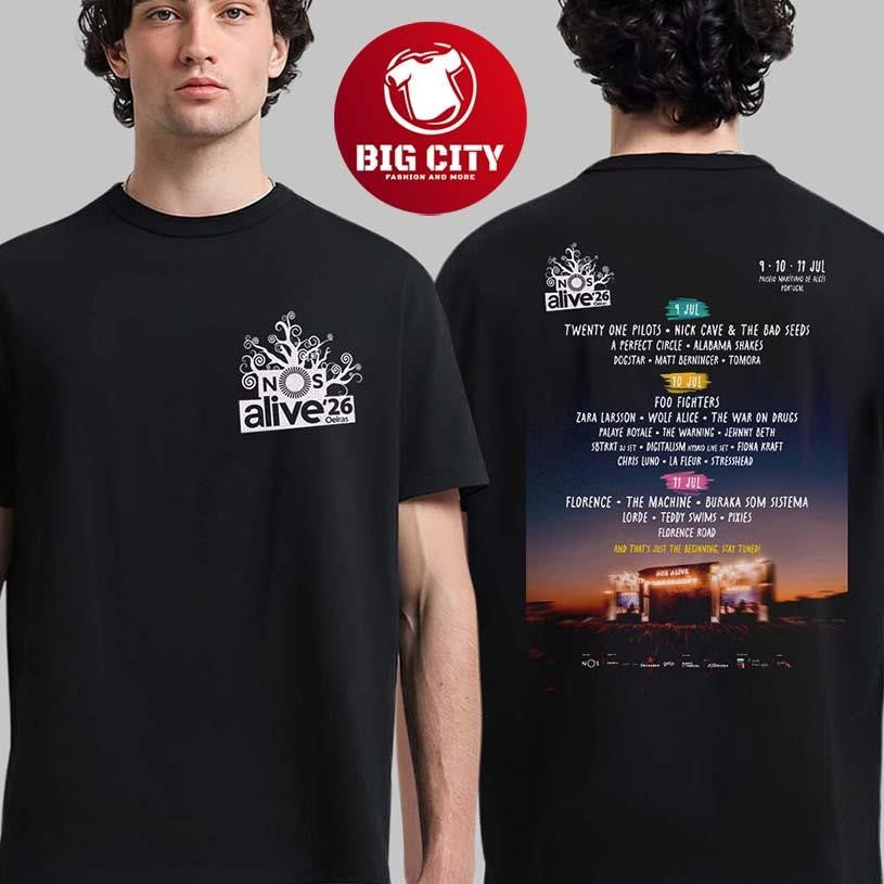 Nos Alive 2026 Festival Full Lineup In Portugal At Paseio Maritimo De Alges On 9 10 11 July 2026 Two Sided Shirt - T-Shirt, Sweatshirt, Hoodie