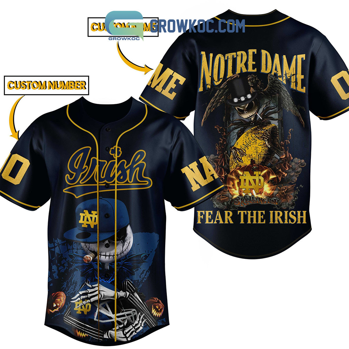 Notre Dame Fear The Irish Jack Skellington Personalized Baseball Jersey baseball jersey product view 1