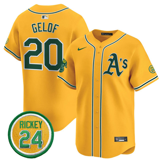 Oakland Athletics #20 Zack Gelof Yellow 2024 Limited With Rickey Henderson Patch Baseball Jersey baseball jersey product view 1
