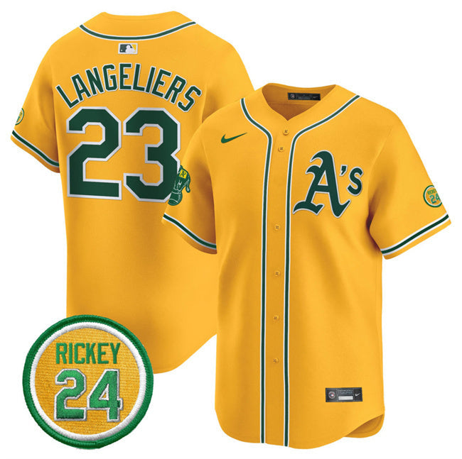 Oakland Athletics #23 Shea Langeliers Yellow 2024 Limited With Rickey Henderson Baseball Jersey baseball jersey product view 1