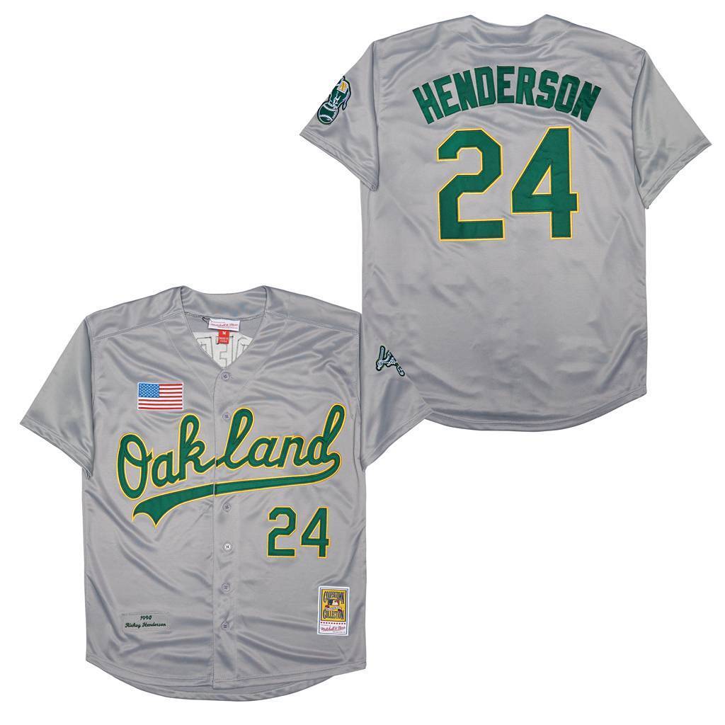 Oakland Athletics #24 Rickey Henderson Athletics 24 Gray 1990 Retro Baseball Jersey baseball jersey product view 1