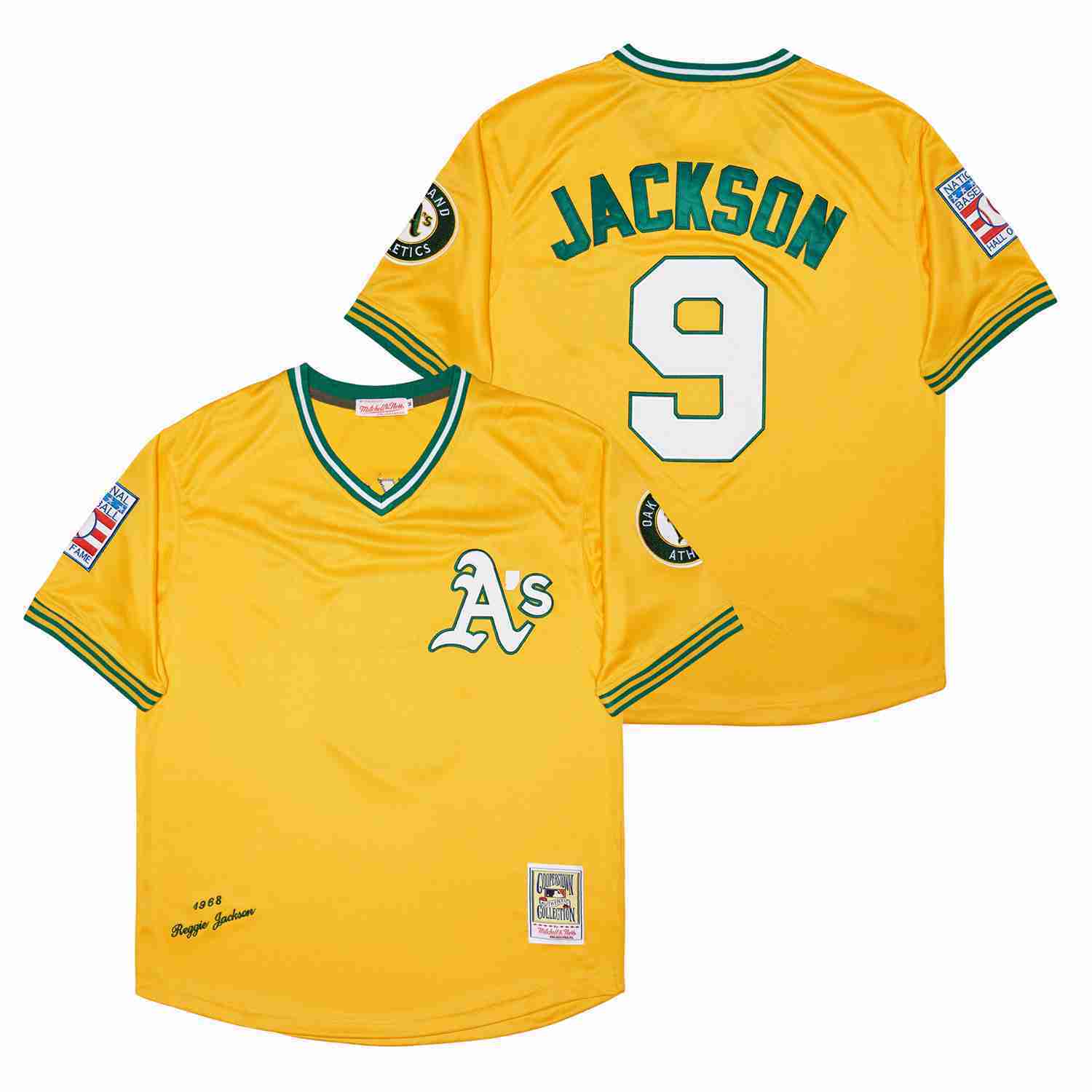 Oakland Athletics #9 Reggie Jackson Athletics 9 Yellow 1968 Retro Pullover Baseball Jersey baseball jersey product view 1