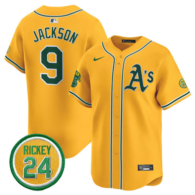 Oakland Athletics #9 Reggie Jackson Yellow 2024 Limited With Rickey Henderson Baseball Jersey baseball jersey product view 1