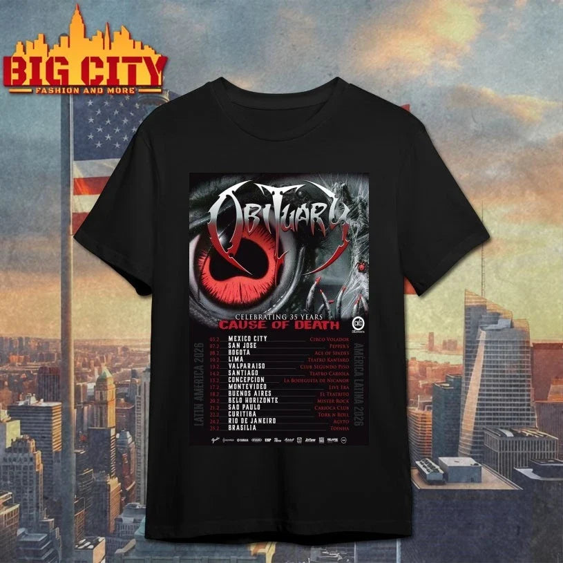 Obituary February 2026 Latin America Tour Poster shirt Unisex T-shirt, Sweatshirt, Hoodie, Long Sleeve Tee - T-Shirt, Sweatshirt, Hoodie