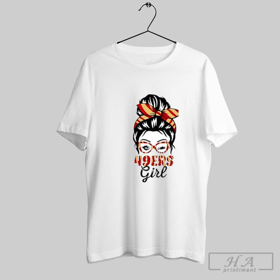 Official 49ers Girl Messy Bun Winking Eye San Francisco Football Fan Posters White Unisex T-shirt, Sweatshirt, Hoodie, Long Sleeve Tee - T-Shirt, Sweatshirt, Hoodie