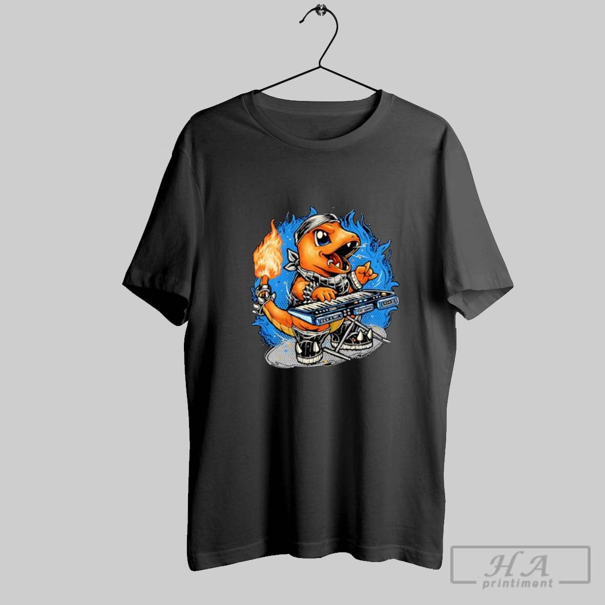 Official Charmander Playing Keyboard With Heavy Metal And Fire Posters Black Unisex T-shirt, Sweatshirt, Hoodie, Long Sleeve Tee - T-Shirt, Sweatshirt, Hoodie