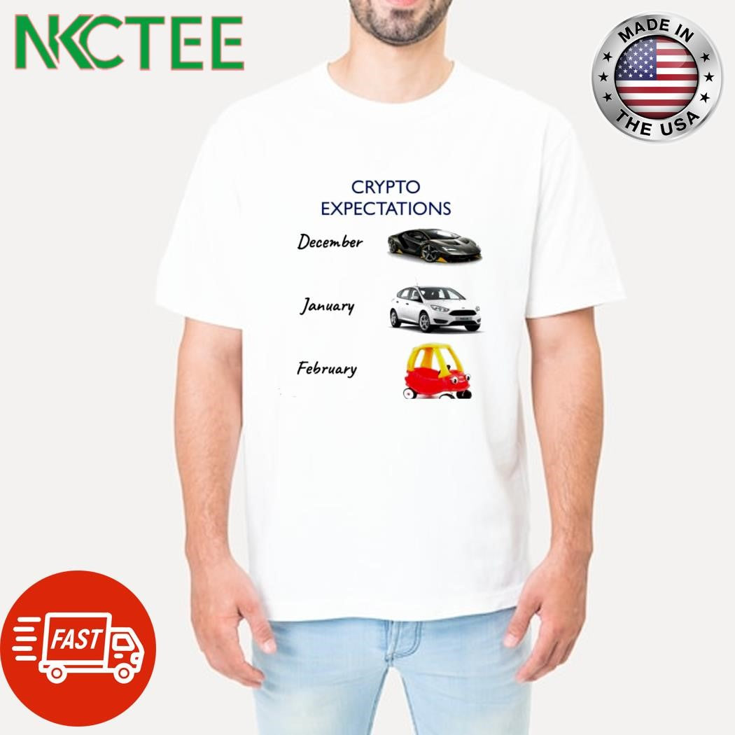 Official Crypto Expectations December January February car shirt Unisex T-shirt, Sweatshirt, Hoodie, Long Sleeve Tee - T-Shirt, Sweatshirt, Hoodie