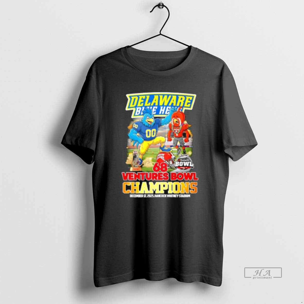 Official Delaware Blue Hens 2025 68 Ventures Bowl Champions Mascot - T-Shirt, Sweatshirt, Hoodie