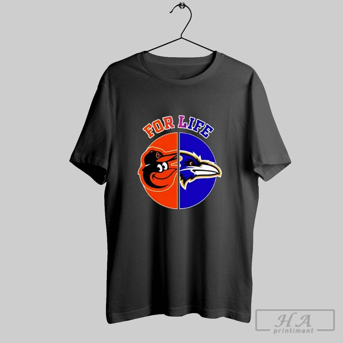 Official For Life Baltimore Orioles And Ravens Split Logo Graphic Posters Black Unisex T-shirt, Sweatshirt, Hoodie, Long Sleeve Tee - T-Shirt, Sweatshirt, Hoodie