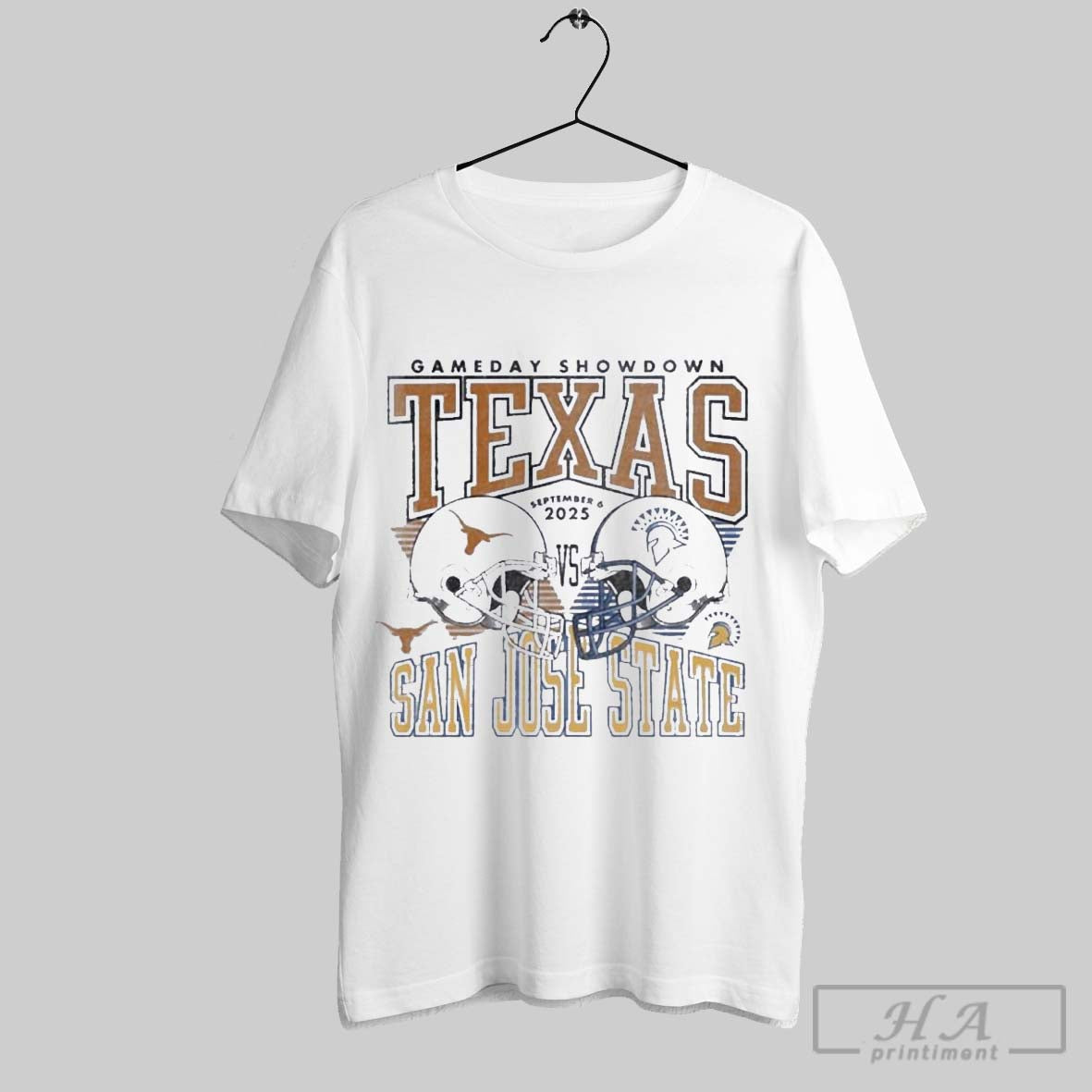 Official Gameday Showdown 2025 Texas Vs San Jose State Matchup T Unisex T-shirt, Sweatshirt, Hoodie, Long Sleeve Tee - T-Shirt, Sweatshirt, Hoodie