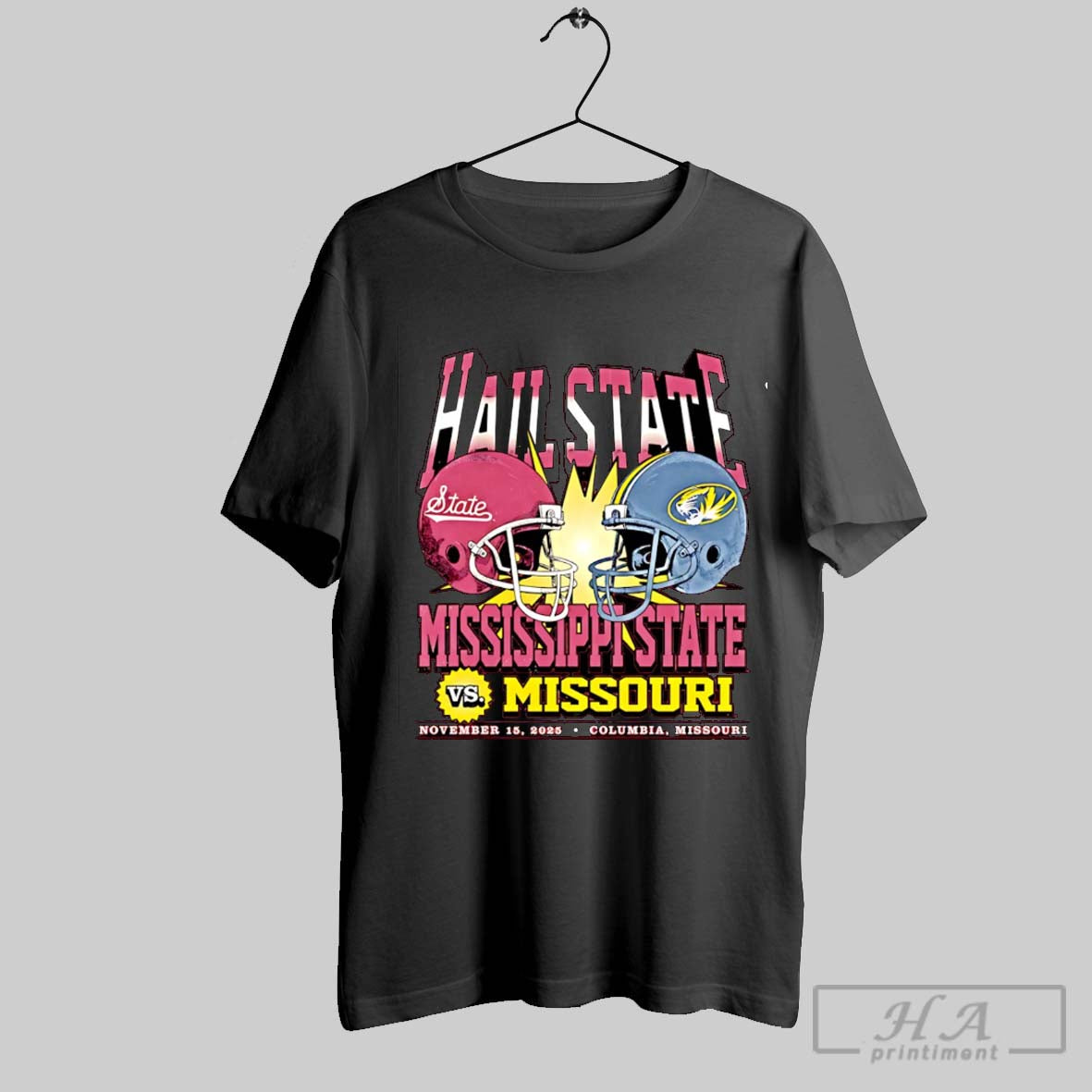 Official Mississippi State University Vs Missouri Tigers Half State Game Day 2025 Helmet Unisex T-shirt, Sweatshirt, Hoodie, Long Sleeve Tee - T-Shirt, Sweatshirt, Hoodie