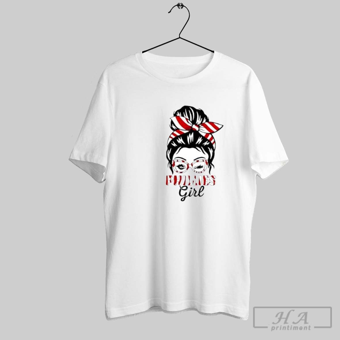 Official Phillies Girl Messy Bun Winking Eye Red White Striped Glasses Posters White Unisex T-shirt, Sweatshirt, Hoodie, Long Sleeve Tee - T-Shirt, Sweatshirt, Hoodie