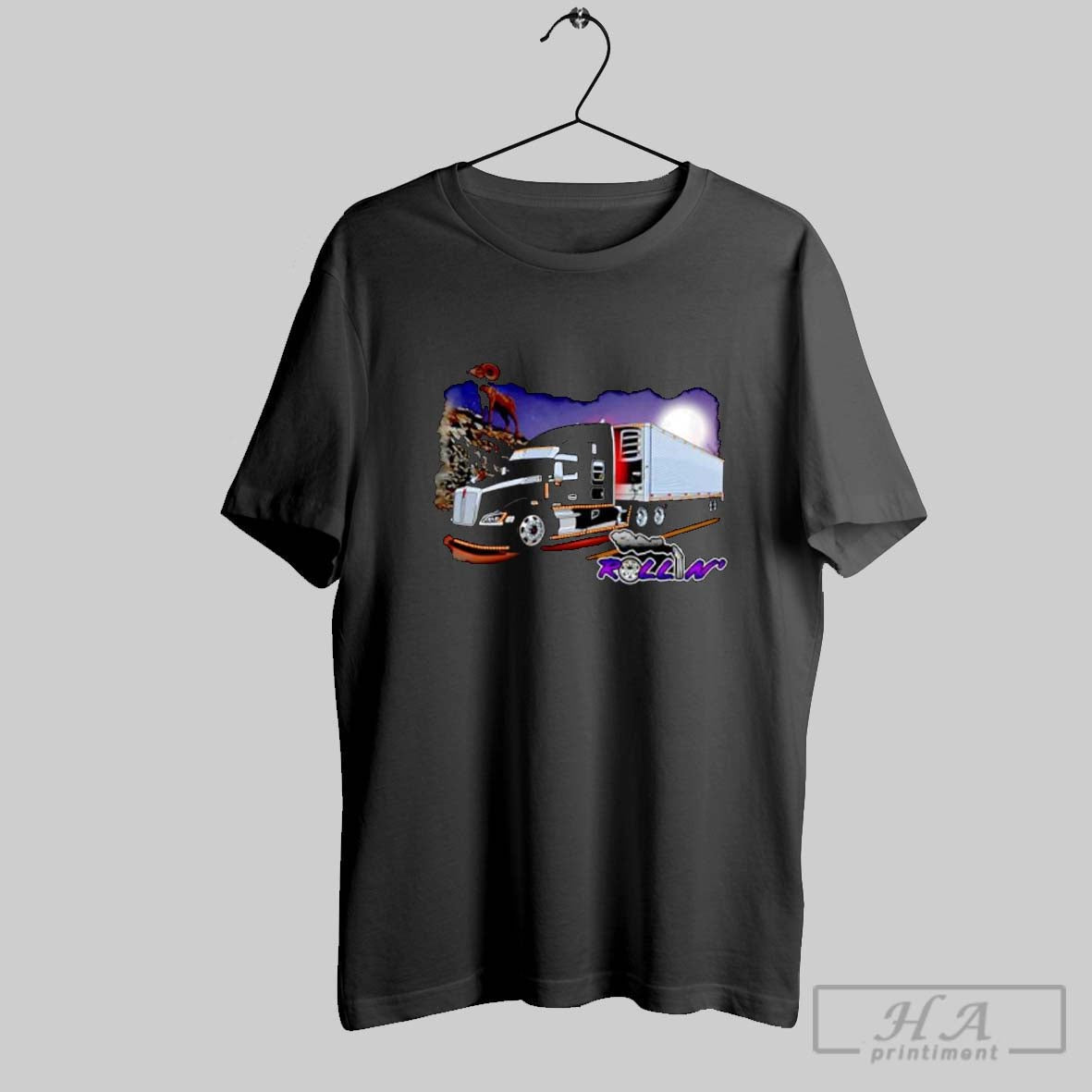 Official Rollin Black Truck Under Moonlight With A Big Horn Ram Posters Black Unisex T-shirt, Sweatshirt, Hoodie, Long Sleeve Tee - T-Shirt, Sweatshirt, Hoodie