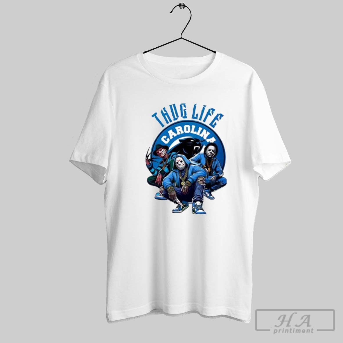 Official Thug Life Carolina Freddy Jason Michael Myers Halloween Panthers Posters White Unisex T-shirt, Sweatshirt, Hoodie, Long Sleeve Tee - T-Shirt, Sweatshirt, Hoodie