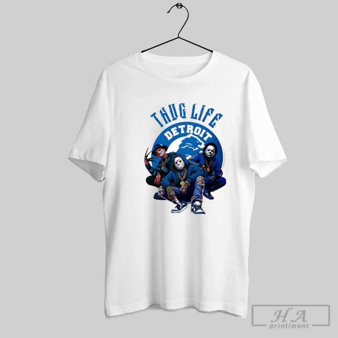Official Thug Life Detroit Freddy Jason Michael Myers Horror Lions Fan Posters White Shir Unisex T-shirt, Sweatshirt, Hoodie, Long Sleeve Tee - T-Shirt, Sweatshirt, Hoodie